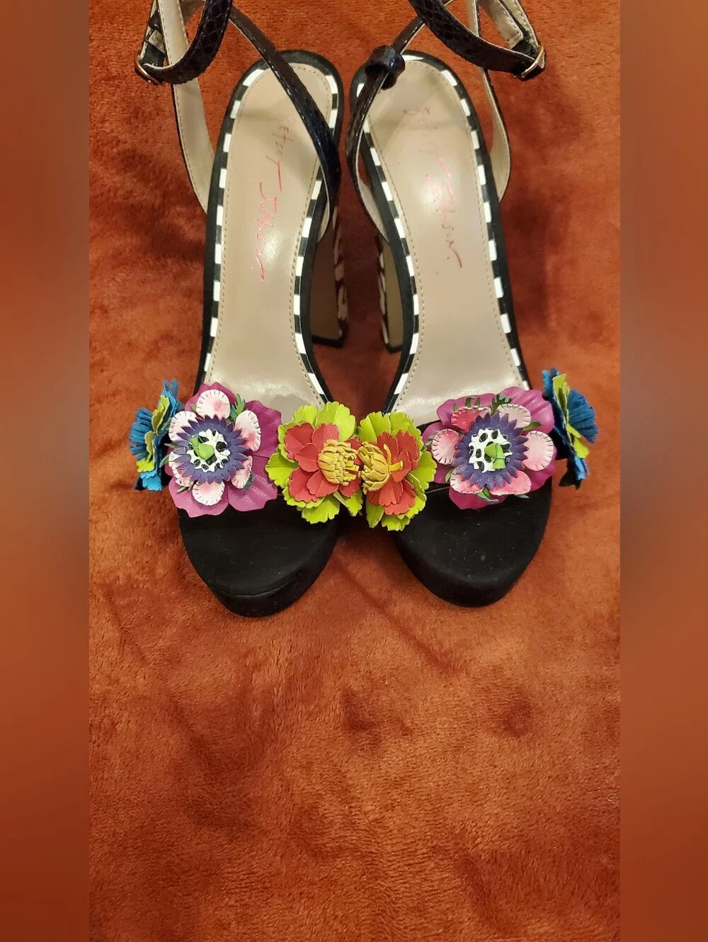 BETSEY JOHNSON Black Floral Embellished Open-Toe Heels